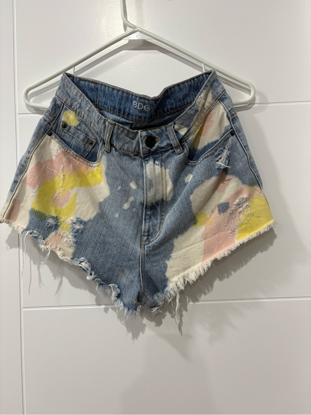 BDG Denim Shorts with Pink & Yellow Paint Accents